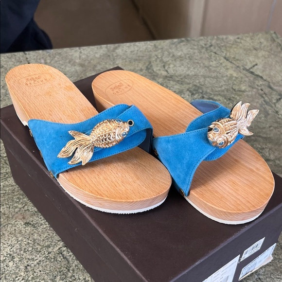 Celine Shoes - Scholl by Celine Blue Sandals with Gold Fish Accent 7.5